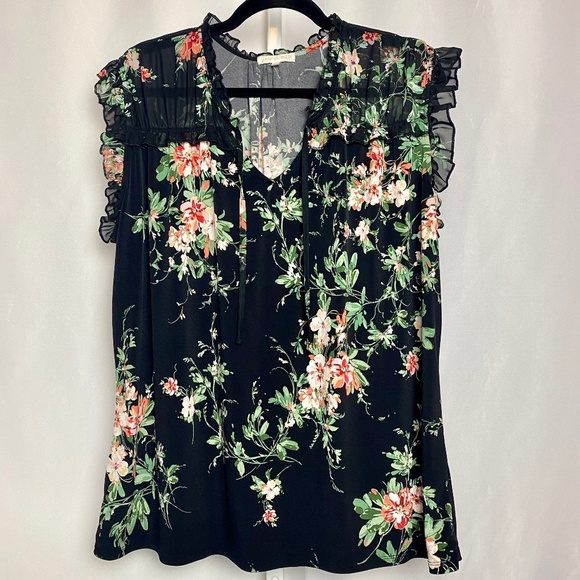 Joie De Vivre Tops - Joie Womenʻs Plus Size Sleeveless Black Floral V-neckline Blouse w/ Tie 1X